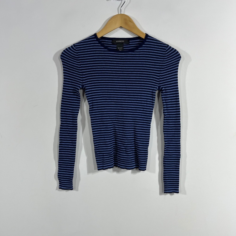 Express Y2K Granola Indie Navy Blue Striped Ribbed Long Sleeve Top XS Fisherman